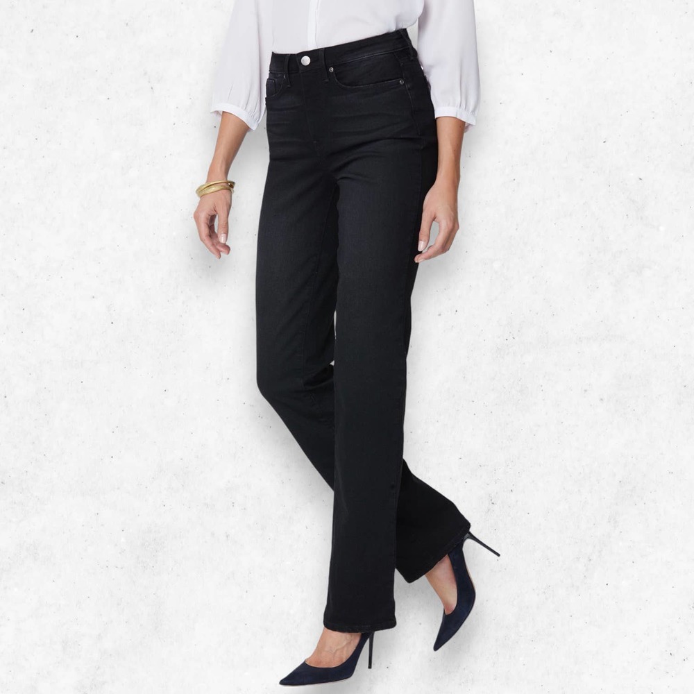 NYDJ Relaxed Straight Lift Tuck Jeans Women's Size 4 Denim Black Rhinestones